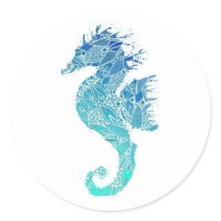 Blue Mandala Pattern Seahorse Classic Round Sticker