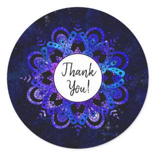 Blue Mandala Space Stars Universe Boho Thank You Classic Round Sticker