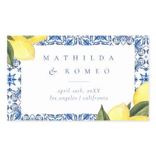 Blue Mediterranean Tile and Citrus Wedding  Rectangular Sticker