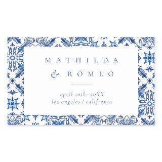 Blue Mediterranean Tile and Citrus Wedding  Rectangular Sticker