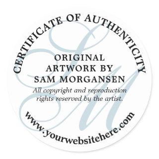 Blue Monogram Elegant Certificate of Authenticity Classic Round Sticker