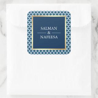 Blue Moroccan Quatrefoil Pattern Wedding Square Sticker