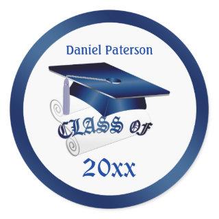 Blue Mortar, diploma Class of any year Graduation Classic Round Sticker