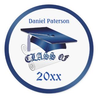 Blue Mortar, diploma Class of any year Graduation Classic Round Sticker