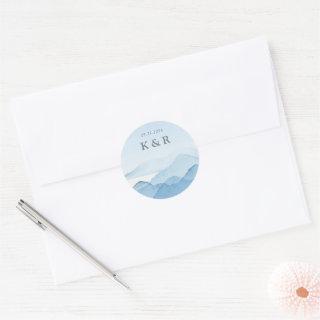 Blue Mountain Range Landscape Wedding Monogram Classic Round Sticker