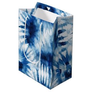 Blue Navy White Stripe Tie Dye Medium Gift Bag