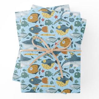 Blue Ocean Marine Shark Sea Fish Seamless Pattern  Sheets