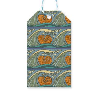 Blue Ocean Waves Nautilus Seashell Pattern Nouveau Gift Tags