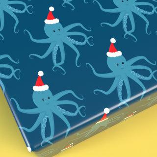 Blue Octopus in Santa Hat Christmas Holiday