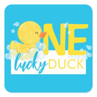 Blue One Lucky Duck 1st Birthday Party Square Sticker
