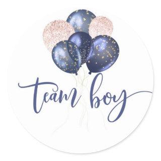 Blue or pink balloons gender reveal team boy classic round sticker