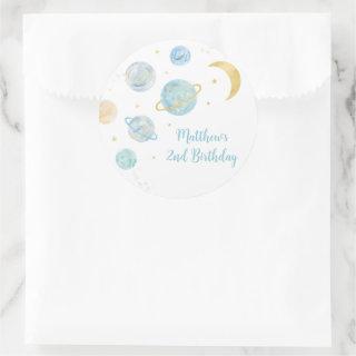 Blue Pastel Two the Moon Space Birthday Favor Classic Round Sticker