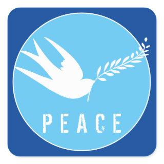 Blue Peace Symbol White Swallow Bird Olive Branch Square Sticker