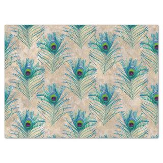 Blue Peacock Feathers on Light Brown Decoupage Tissue Paper