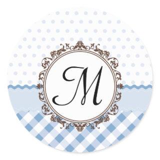 Blue Polkadots, Checks and Stripes with Monogram Classic Round Sticker