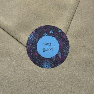 Blue & Purple Flowers Elegant Outline Pattern Classic Round Sticker