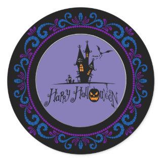 Blue Purple Happy Halloween Haunted House Classic Round Sticker