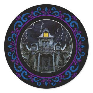 Blue Purple Haunted House Halloween Classic Round Sticker