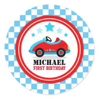 Blue Race Car Birthday Baby Shower Party Classic Round Sticker