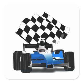 Blue Race Car with Checkered Flag Square Sticker