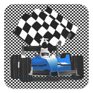 Blue Race Car with Checkered Flag Square Sticker