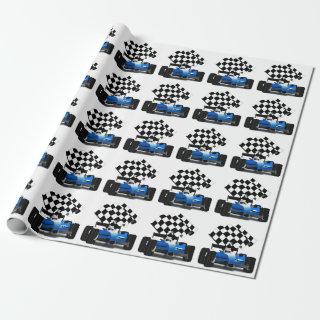 Blue Race Car with Checkered Flag