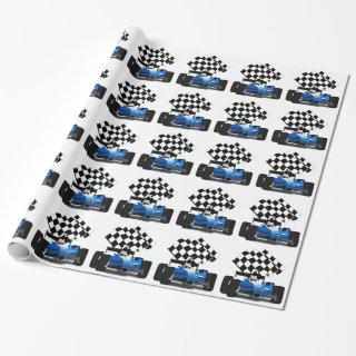 Blue Race Car with Checkered Flag