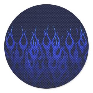 Blue Racing Flames on Carbon Fiber Print Classic Round Sticker