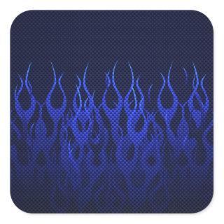 Blue Racing Flames on Carbon Fiber Print Square Sticker