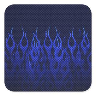Blue Racing Flames on Carbon Fiber Print Square Sticker