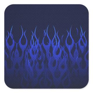 Blue Racing Flames on Carbon Fiber Print Square Sticker