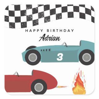 Blue Red Race Fast Retro Racing Cars Birthday Square Sticker