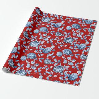 Blue Red Vintage Christmas Floral Toile