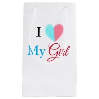 Blue red watercolor heart I love my girl name Small Gift Bag