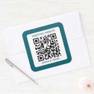 blue retro modern minimalist wedding qr code square sticker