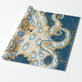 Blue Ring Octopus Indigo Vintage Map Nautical