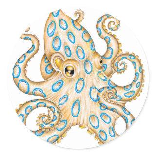 Blue ring Octopus on White Ink Classic Round Sticker