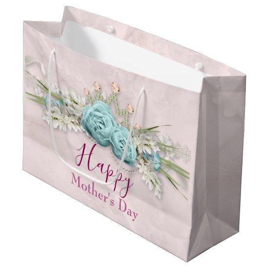 Blue Roses and Crown Floral Bouquet Mother's Day Large Gift Bag