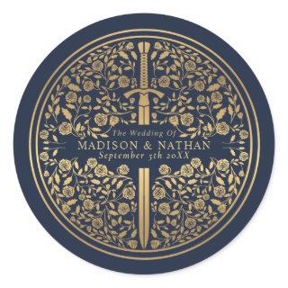 Blue Royal Medieval Sword Wedding Classic Round Sticker