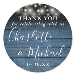 Blue Rustic String Lights Wedding Favor Thank You Classic Round Sticker
