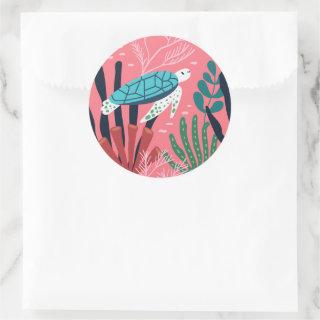 Blue Sea Turtle Under the Ocean Fern Botanicals Classic Round Sticker