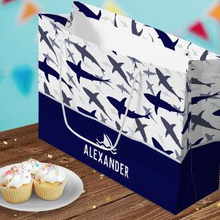 Blue Shark Pattern with Name Boy Birthday Party Large Gift Bag