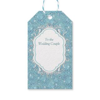 Blue silky repeat pattern & white sparkles gift tags