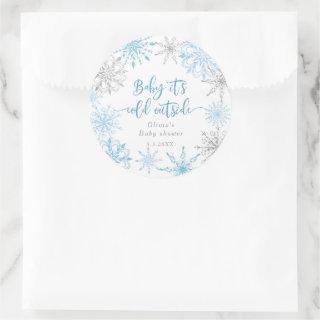 Blue silver snowflakes baby its cold outside classic round sticker