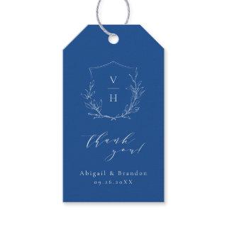 Blue simple botanical crest monogram wedding gift tags