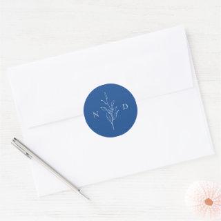 Blue simple elegant botanical leaves wedding classic round sticker