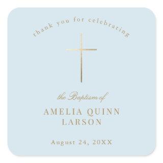 Blue Simple Elegant Gold Cross Baptism Christening Square Sticker