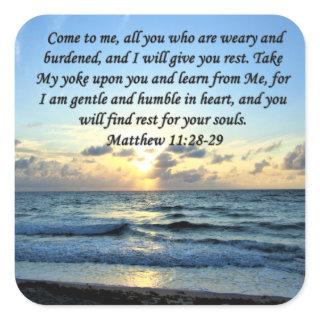 BLUE SKIES MATTHEW 11:28 SUNRISE PHOTO DESIGN SQUARE STICKER