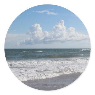 Blue Sky Fat Clouds & Rolling Surf Beach Photo Classic Round Sticker