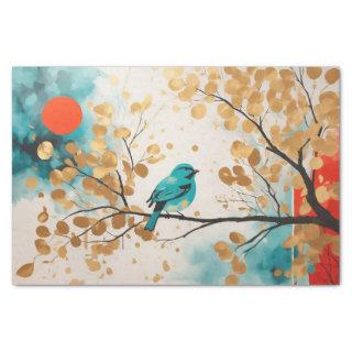 Blue Songbird On Golden Leaves Tree Branch Tissue Paper